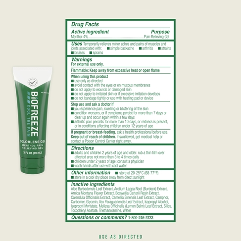 Biofreeze® Pain Relief Gel, 3 fl oz. Tube, Colorless