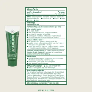 Biofreeze Pain relief gel Drug facts and Ingredients